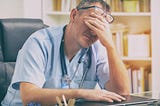 A tired doctor at his desk.