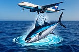 A bluefin tuna being airdropped into the ocean from a cargo plane