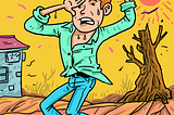 Cartoon of a pale man in a green shirt and jeans sweating profusely, with a glaring sun in the background.