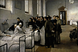 Painting of a hospital where a group of doctors are attending to a single patient who is sitting up in bed.