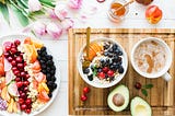 Healthy food choices on a wooden tray