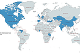 Map showing the countries that the different interviewees have worked in. The UK, Venezuela, USA, India, Ghana, Germany, Kazakhstan, China, Tanzania, Mexico, New Zealand, Turkey, Georgia, Spain, and Canada are highlighted. Created at mapshart.net