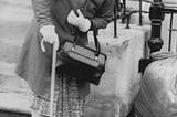 Patricia Moore disguised and restricted as an elderly women (1979).