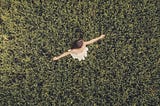 top-down view of girl twirling on grass