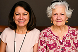 Two women sitting side by side, one in her 40s and the other in her 60s