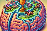 A picture of a human brain with little men riding horses around in it