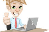 A cartoon man working on a laptop, giving the viewer a thumbs up. (A depiction of smart work in action).