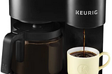 A picture of a Keurig Duo coffee maker. It has two stations — brew pot and a smaller one-cup coffee maker
