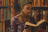 Image created by author on Midjourney of a Black woman reading a book in front of shelves of books.