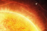 An illustration where a portion of the Sun takes up most of the image. In the top right corner, a small spacecraft nears the Sun.