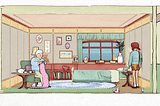 A gif of Wayward Strand gameplay — Casey is in Ida’s room. Ida is sitting on a chair knitting, while Casey looks at a photograph on Ida’s bedside table. The player selects ‘Is this you?’, and Casey that to Ida — Ida pauses her knitting, then puts it down, looks up at Casey, and says “Yes, that’s me. And the family.”