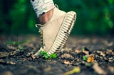 A foot with a sneaker on the soil in nature making a move
