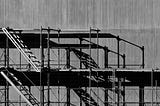 Black and white image of scaffolding