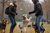 Two people chatting while playing with their dogs