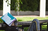 A student sleeps in the grass with a textbook folded over her face.