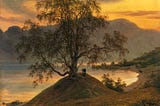 Painting of two men watching the sunset by the lake. Titled Old Birch Tree at the Sognefjord (1839) by Thomas Fearnley