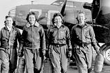 mickey markoff air sea exec 2024 — women aviation service pilots in uniform and bomber jackets standing in front of military aircraft; black and white photo