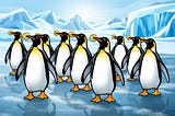 A group of pudgy penguins waddle across an icy landscape, each one holding a shiny coin in their beak