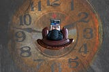 Top view of a person sitting in a chair with their laptop. The floor looks like an old clock face.