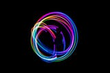 Time-lapse photography, colourful lights in a circle on a black background