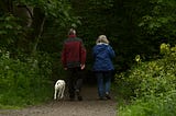 An older couple with their white dog walking away down a wooded pathway.