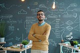 A man with glasses and arms crossed stands in a creative office in front of a chalkboard covered in business diagrams.