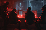 a computer generated image of four people working at screens in red light
