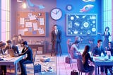 Führungskraft in einem geteilten Raum: Teams mit und ohne Weiterbildung.