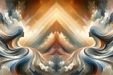 Abstract generated art with of blue and gold waves, triangles, and the silhouettes of two women
