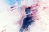 An abstract impressionistic painting of a male figure in dark brush strokes in a cloud of pink and blue.
