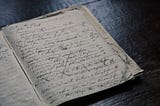 a notebook of handwritten notes; some scratched out