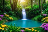 A lush forest with a waterfall cascading down into a serene pool, surrounded by vibrant flowers and lush greenery