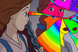 GIF of Alice in Wonderland looking into a multi-coloured broken mirror