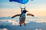 A pudgy penguin parachuting down from the sky