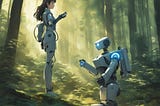 AI generated image in anime style: A young woman with a robot in a deep forest. Theme is “The Light Within Us All: Visualising a World Transformed by emerging technology” — a hopeful scene full of light and a luscious environment.