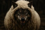 A snarling wolf disguised in a sheep’s wool cloak stares directly ahead, exposing sharp teeth beneath the deception. The image symbolizes hidden danger, manipulation, and the threat of predators who present themselves as protectors.
