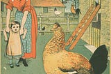Page from a vintage children’s book of nursery rhymes with a scene of an aproned mother and child in a farmyard with a fat hen and baby chicks by a coop; text reads “9, 10, a big fat hen”