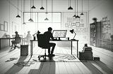 Ilustração feita por IA de um homem sentado em um computador trabalhando em uma sala com mais pessoas ao fundo.