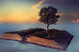 A large book sits open against the sky, with grass and a tree growing out of it