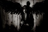 A really gothic black-and-white picture of an extremely pale witchy-looking white woman with a dark angel painted on the wall behind her.