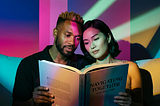 An interracial couple reading a relationship book together