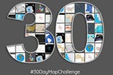Collage of maps I created in the shape of the number 30. Includes the hashtag of #30DayMapChallenge.