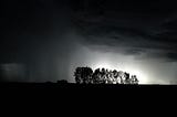 rain clouds hover over trees at night- you can see some light from behind the trees