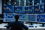 Multiple computer screens displaying fluctuating cryptocurrency prices, with charts and graphs. A person sits at a desk, analyzing data and making quick trades