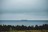 A coastline with a ship far away on the horizon