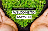 Shop brands with a Purpose: Welcome to Mayven banner. Hands holding heart shaped plant