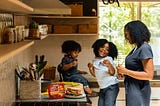 family talking together in the kitchen to illustrate the topic: conversation starters for parents