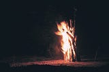 Image of a large bundle of upright sticks, on fire at night.