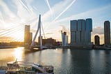 An image of the Erasmus bridge in Rotterdam, with the Spido in the foreground, and a hotel across the river.