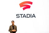 Google CEO Sundar Pichai with the Google Stadia logo in background